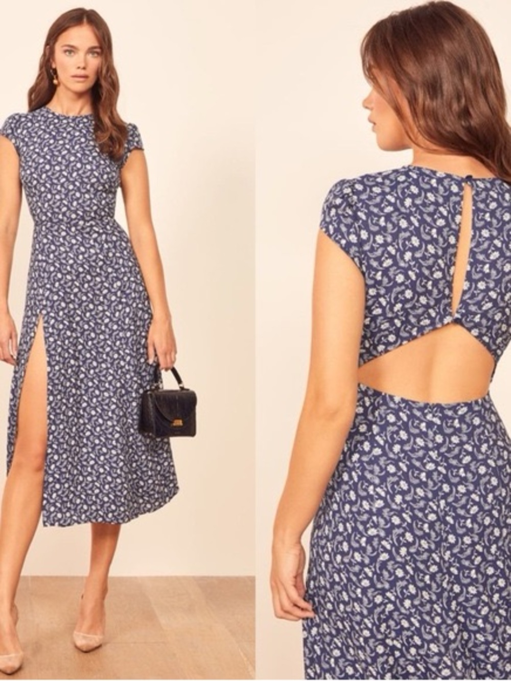 Reformation Navy Blue Floral Cutout Midi Gavin Dress